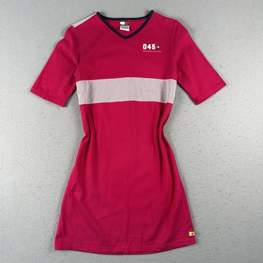 Vtg Y2K Tommy Hilfiger Shirt Dress Women's Small Pink Athletic Mesh‎ Trim Fitted